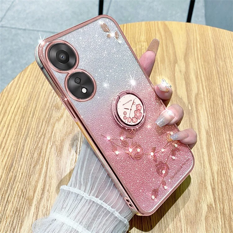 KADEM Für Oppo A58 5G / A58x 5G / A78 5G / A1x 5G Blumenmuster Glitzer Cover Ring Kickstand TPU Handyhülle - Rose Gold