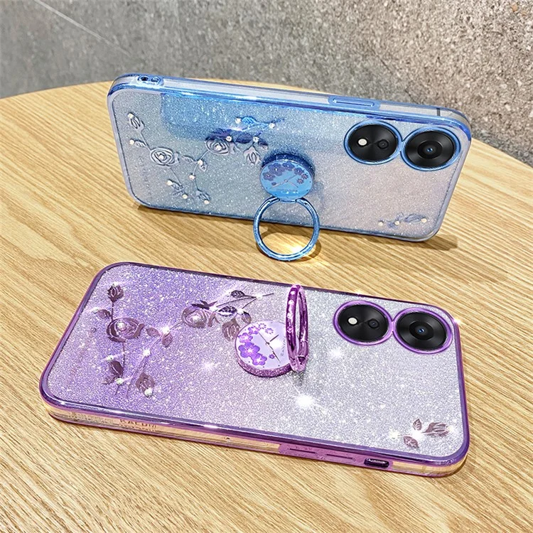 KADEM Für Oppo A58 5G / A58x 5G / A78 5G / A1x 5G Blumenmuster Glitzer Cover Ring Kickstand TPU Handyhülle - Rose Gold