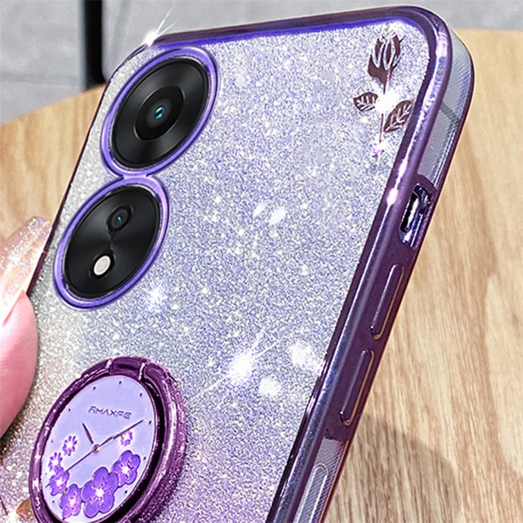 KADEM Für Oppo A58 5G / A58x 5G / A78 5G / A1x 5G Blumenmuster Glitzer Cover Ring Kickstand TPU Handyhülle - Rose Gold