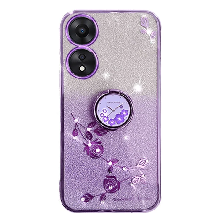 KADEM For Oppo A17 4G / A17k 4G Flower Pattern Glitter TPU Cover Ring Kickstand Shockproof Phone Case - Púrpura