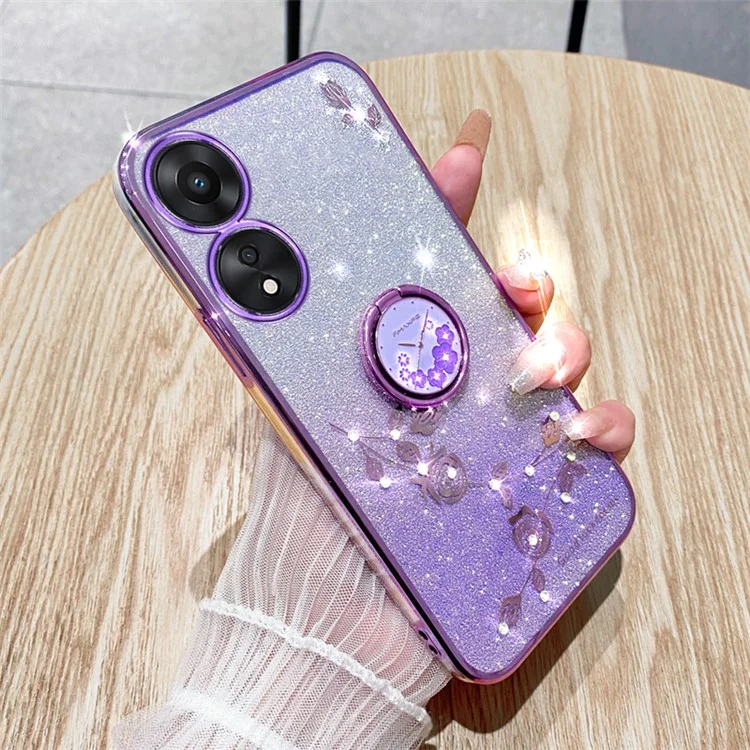 KADEM For Oppo A17 4G / A17k 4G Flower Pattern Glitter TPU Cover Ring Kickstand Shockproof Phone Case - Púrpura