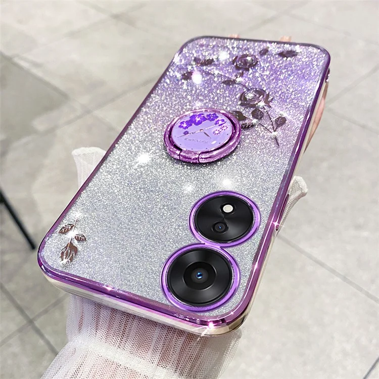 KADEM For Oppo A17 4G / A17k 4G Flower Pattern Glitter TPU Cover Ring Kickstand Shockproof Phone Case - Púrpura