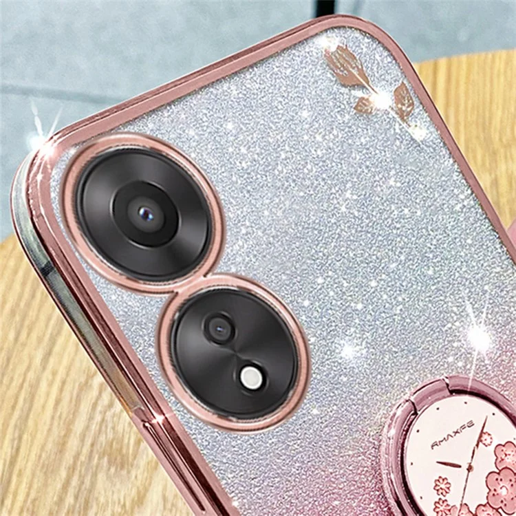 KADEM For Oppo A17 4G / A17k 4G Flower Pattern Glitter TPU Cover Ring Kickstand Shockproof Phone Case - Púrpura