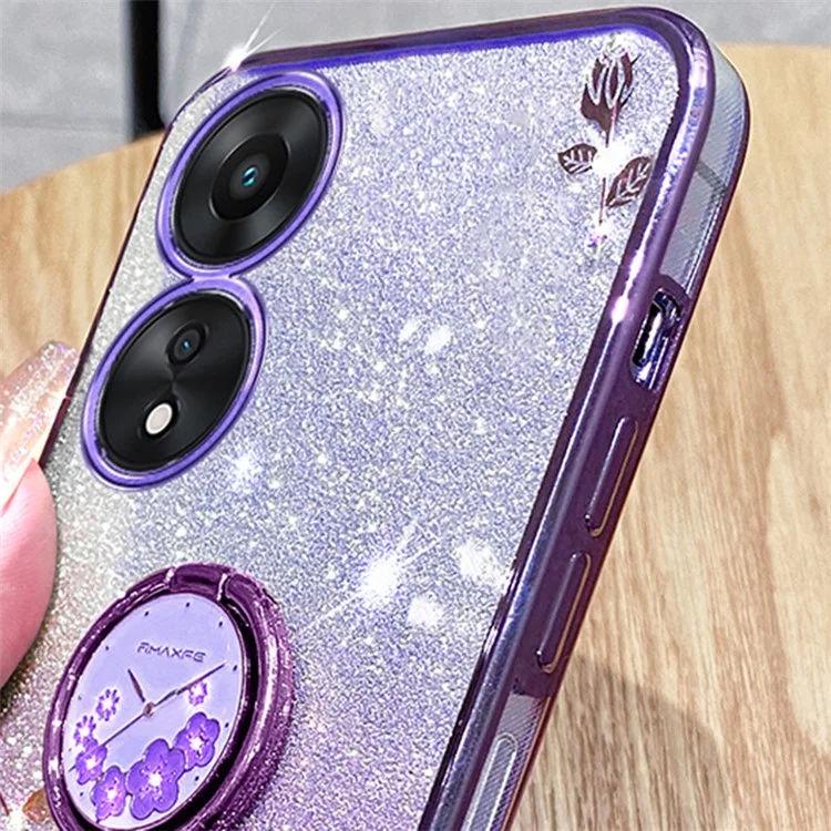 KADEM For Oppo A17 4G / A17k 4G Flower Pattern Glitter TPU Cover Ring Kickstand Shockproof Phone Case - Púrpura