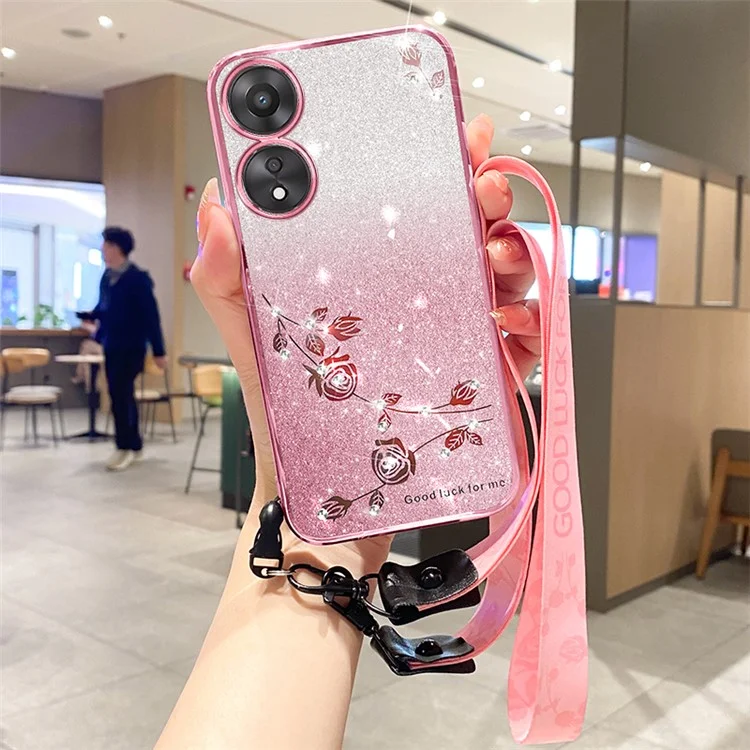 KADEM For Oppo A17 4G / A17k 4G Shockproof Glitter Rhinestone Decor Flower TPU Back Case Strap Design Phone Shell - Rose Gold