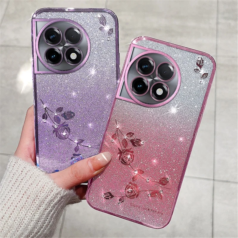 KADEM For OnePlus 11R 5G / Ace 2 5G Gradient TPU Slim Cover Rhinestone Flower Glitter Cell Phone Case - Purple