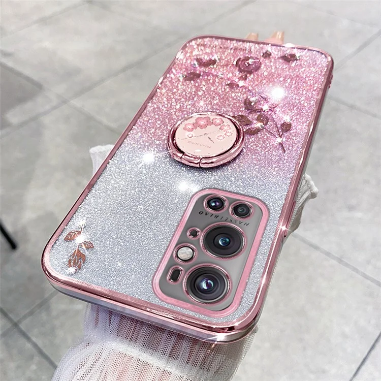 Für OnePlus 9 Pro 5G Glitter TPU Cover Ring Kickstand Blumenmuster Anti-fall-telefonhülle - Roségold