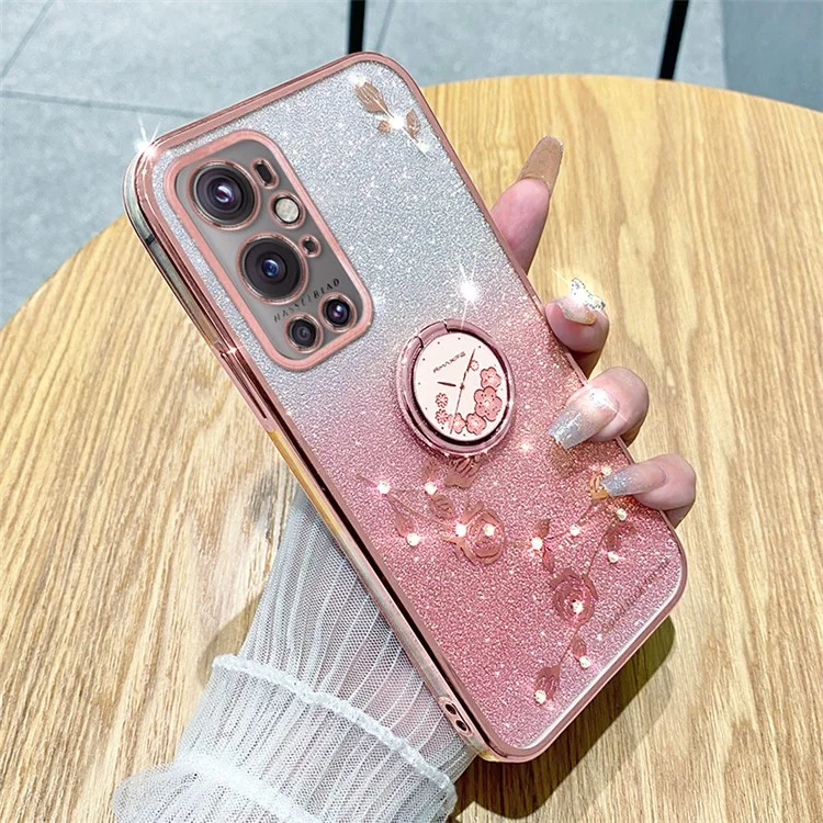 KADEM For OnePlus 9 Pro 5G Glitter TPU Cover Ring Kickstand Flower Pattern Anti-fall Phone Case - Rose Gold