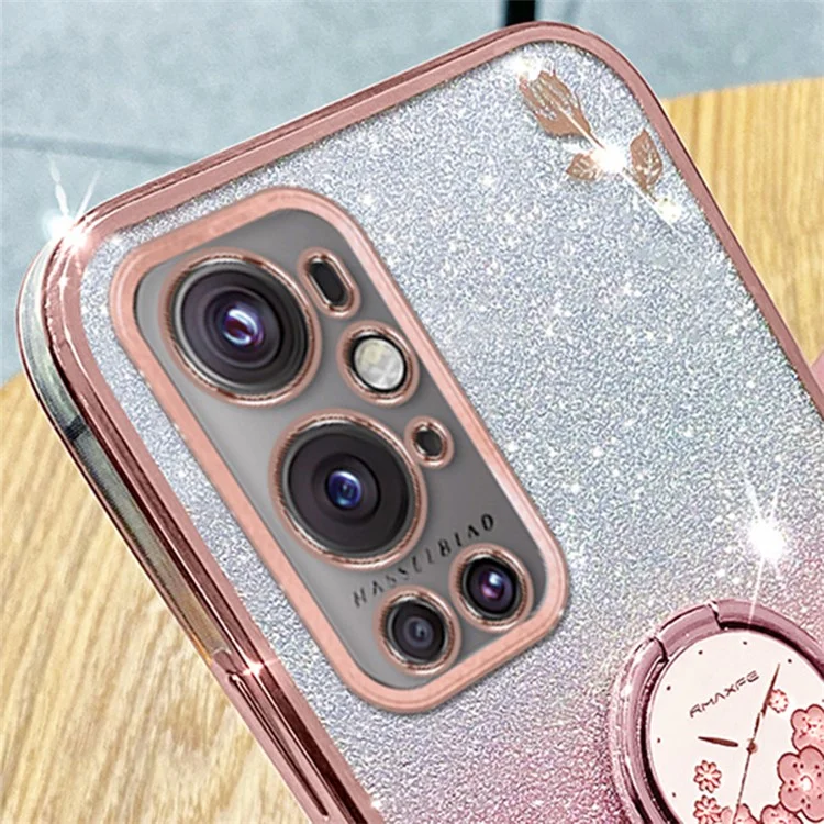 KADEM For OnePlus 9 Pro 5G Glitter TPU Cover Ring Kickstand Flower Pattern Anti-fall Phone Case - Rose Gold