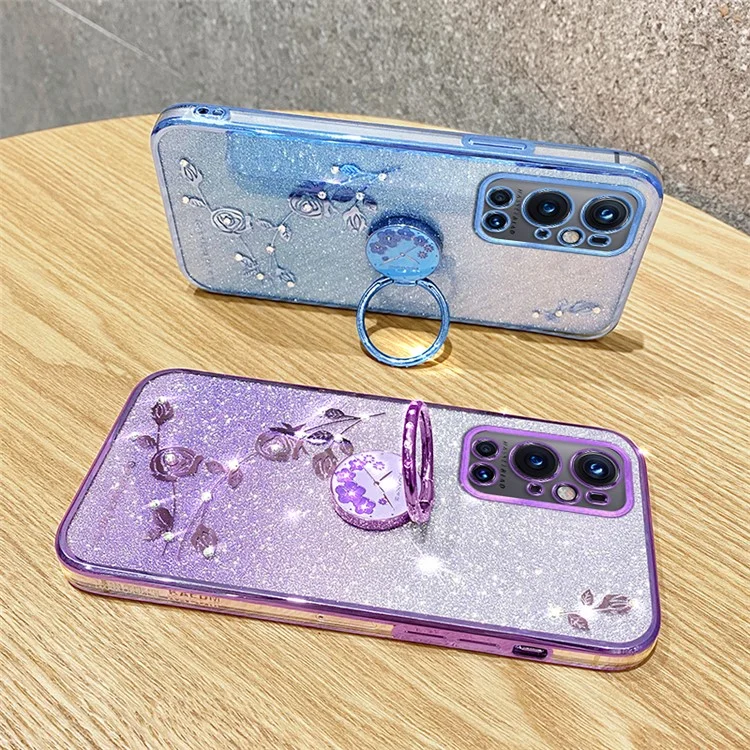 KADEM For OnePlus 9 Pro 5G Glitter TPU Cover Ring Kickstand Flower Pattern Anti-fall Phone Case - Rose Gold