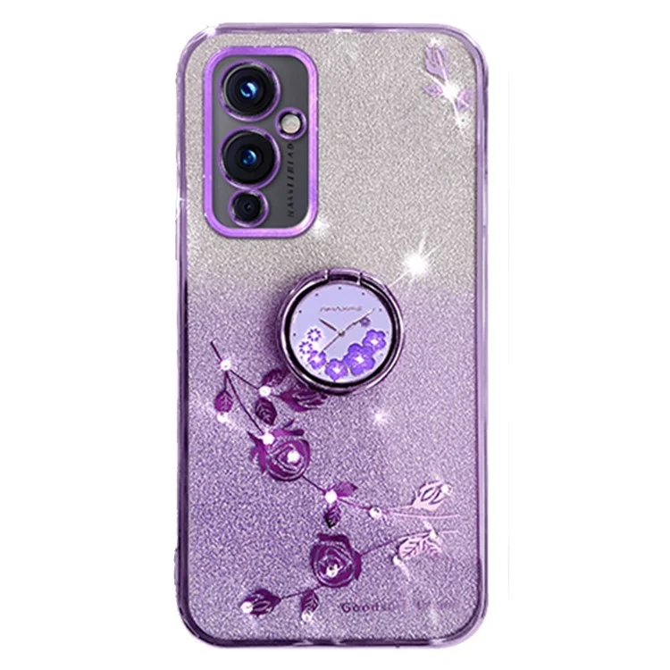 KADEM Für OnePlus 9 (EU / US Version) Ring-Ständer Blumenmuster TPU-Abdeckung Glitzer Kratzfest Handyhülle - Lila