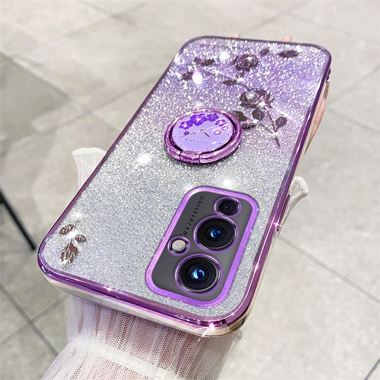 KADEM Für OnePlus 9 (EU / US Version) Ring-Ständer Blumenmuster TPU-Abdeckung Glitzer Kratzfest Handyhülle - Lila