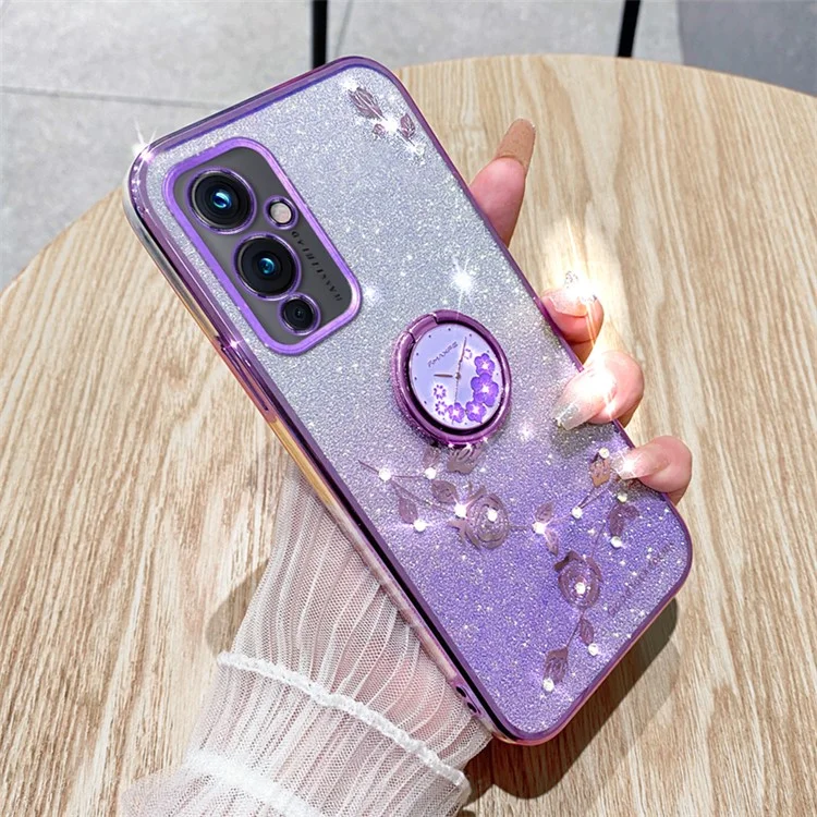 KADEM Für OnePlus 9 (EU / US Version) Ring-Ständer Blumenmuster TPU-Abdeckung Glitzer Kratzfest Handyhülle - Lila