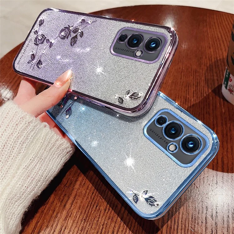 KADEM Für OnePlus 9 (EU / US Version) Farbverlauf TPU Kratzfeste Abdeckung Strass Blumen Glitzer Handyhülle - Roségold