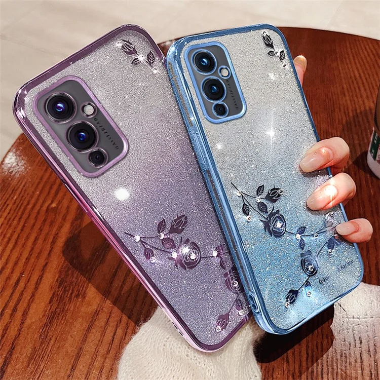 KADEM Für OnePlus 9 (EU / US Version) Farbverlauf TPU Kratzfeste Abdeckung Strass Blumen Glitzer Handyhülle - Roségold