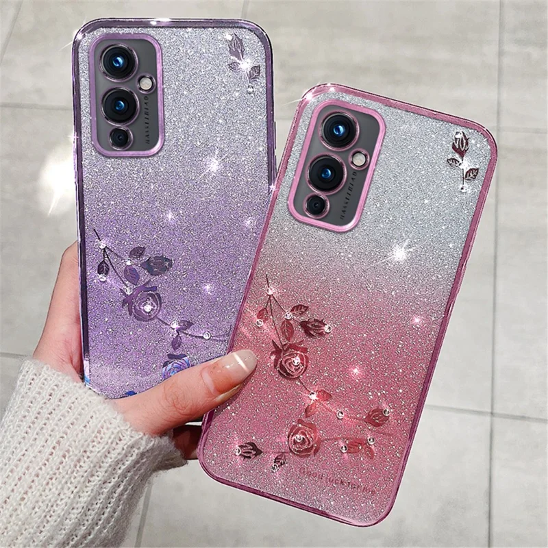 KADEM For OnePlus 9 (EU  /  US Version) Gradient TPU Anti-scratch Cover Rhinestone Flower Glitter Phone Case - Purple