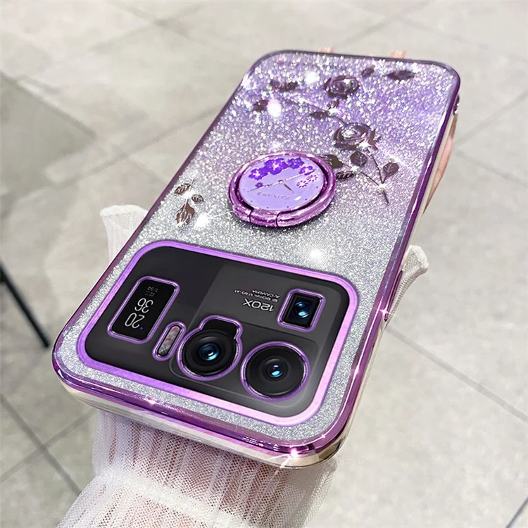 Чехол для телефона KADEM Ring Kickstand для Xiaomi Mi 11 Ultra, с цветочным узором и блестками, TPU задняя панель - фиолетовый