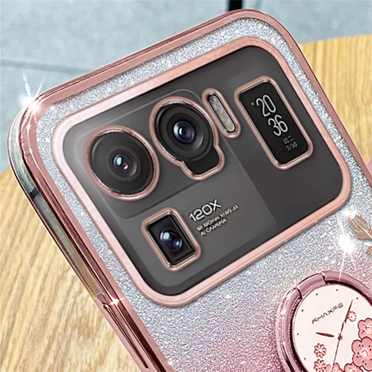Чехол для телефона KADEM Ring Kickstand для Xiaomi Mi 11 Ultra, с цветочным узором и блестками, TPU задняя панель - фиолетовый