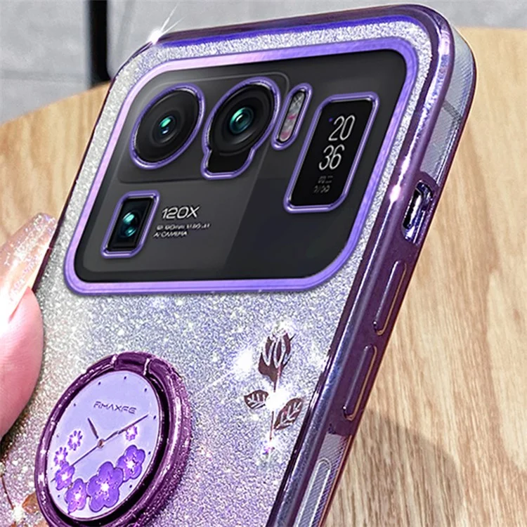 Чехол для телефона KADEM Ring Kickstand для Xiaomi Mi 11 Ultra, с цветочным узором и блестками, TPU задняя панель - фиолетовый