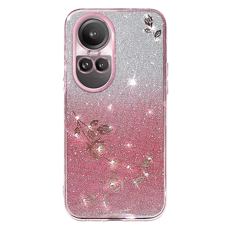 KADEM Para Oppo Reno10 Pro 5G (Global) / Reno10 5G (Global) Funda TPU Gradiente de Purpurina con Diamantes de Imitación y Flores Antiarañazos - Oro Rosa