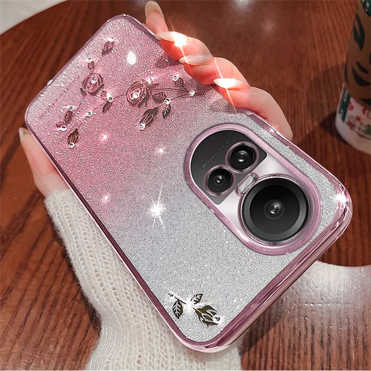 KADEM Para Oppo Reno10 Pro 5G (Global) / Reno10 5G (Global) Funda TPU Gradiente de Purpurina con Diamantes de Imitación y Flores Antiarañazos - Oro Rosa