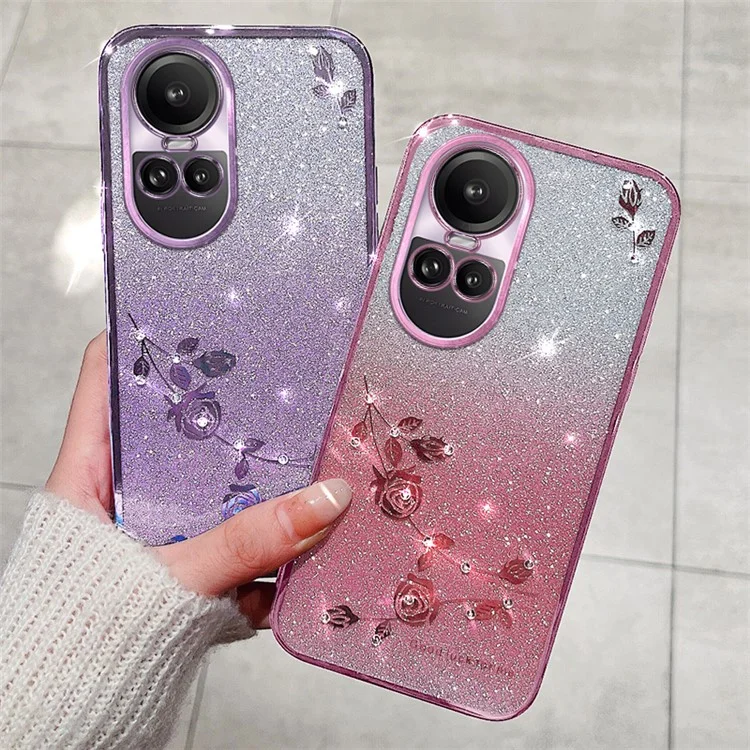 KADEM Para Oppo Reno10 Pro 5G (Global) / Reno10 5G (Global) Funda TPU Gradiente de Purpurina con Diamantes de Imitación y Flores Antiarañazos - Oro Rosa