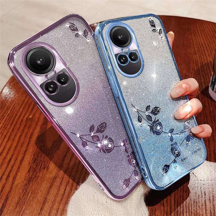 KADEM Para Oppo Reno10 Pro 5G (Global) / Reno10 5G (Global) Funda TPU Gradiente de Purpurina con Diamantes de Imitación y Flores Antiarañazos - Oro Rosa