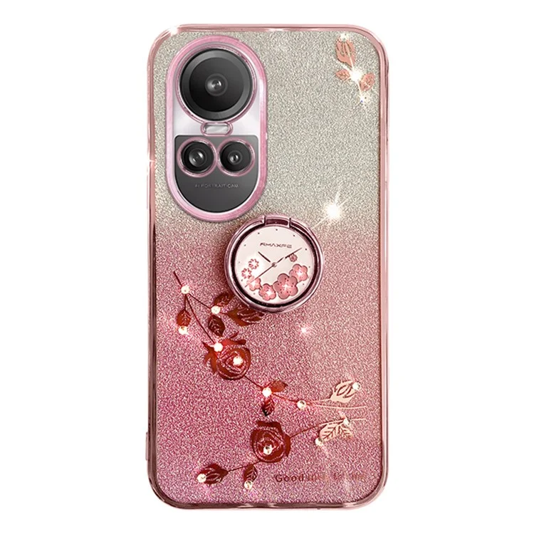 KADEM Para Oppo Reno10 Pro 5G (Global) / Reno10 5G (Global) Anillo Soporte Brillo Antiarañazos Funda Patrón Floral TPU Cubierta - Oro Rosa