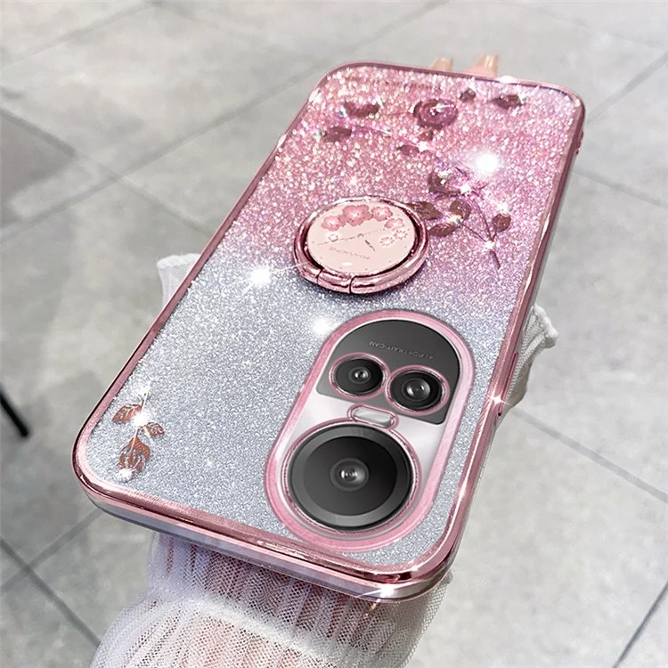 KADEM Para Oppo Reno10 Pro 5G (Global) / Reno10 5G (Global) Anillo Soporte Brillo Antiarañazos Funda Patrón Floral TPU Cubierta - Oro Rosa