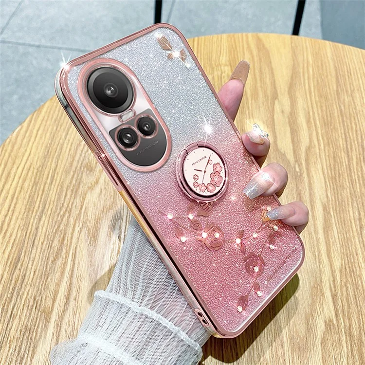 KADEM Para Oppo Reno10 Pro 5G (Global) / Reno10 5G (Global) Anillo Soporte Brillo Antiarañazos Funda Patrón Floral TPU Cubierta - Oro Rosa