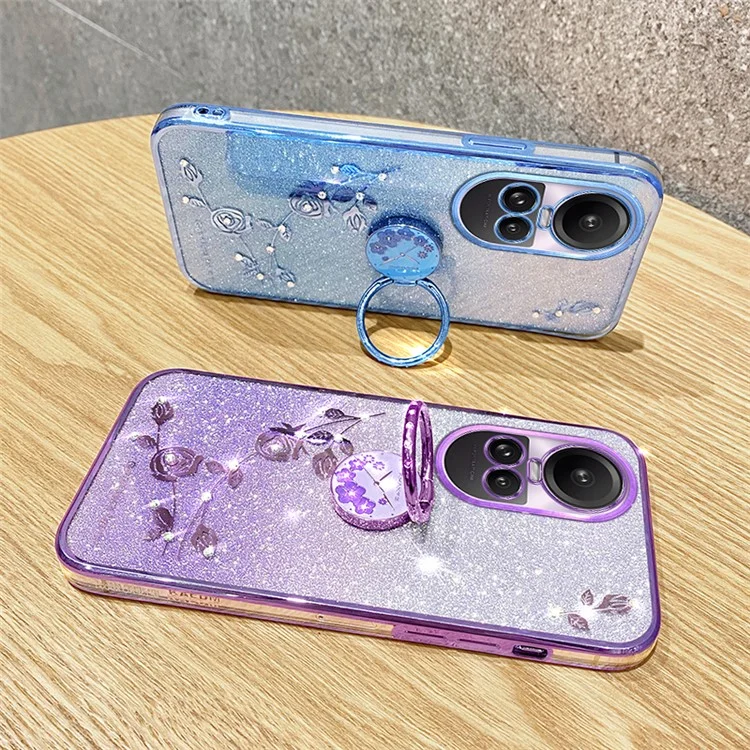 KADEM Para Oppo Reno10 Pro 5G (Global) / Reno10 5G (Global) Anillo Soporte Brillo Antiarañazos Funda Patrón Floral TPU Cubierta - Oro Rosa