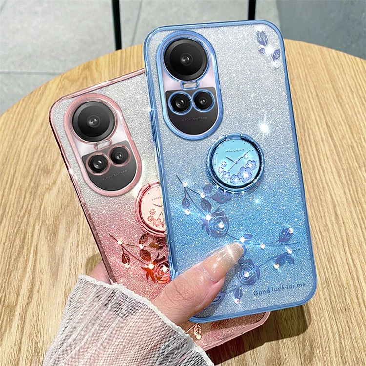 KADEM Para Oppo Reno10 Pro 5G (Global) / Reno10 5G (Global) Anillo Soporte Brillo Antiarañazos Funda Patrón Floral TPU Cubierta - Oro Rosa