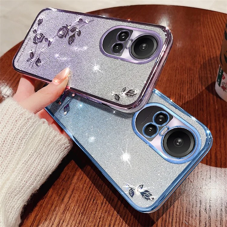 KADEM Für Oppo Reno10 Pro 5G (Global) / Reno10 5G (Global) Glitzer Strass Dekor TPU-Hülle Blumenmuster Handyhülle mit Trageriemen - Roségold