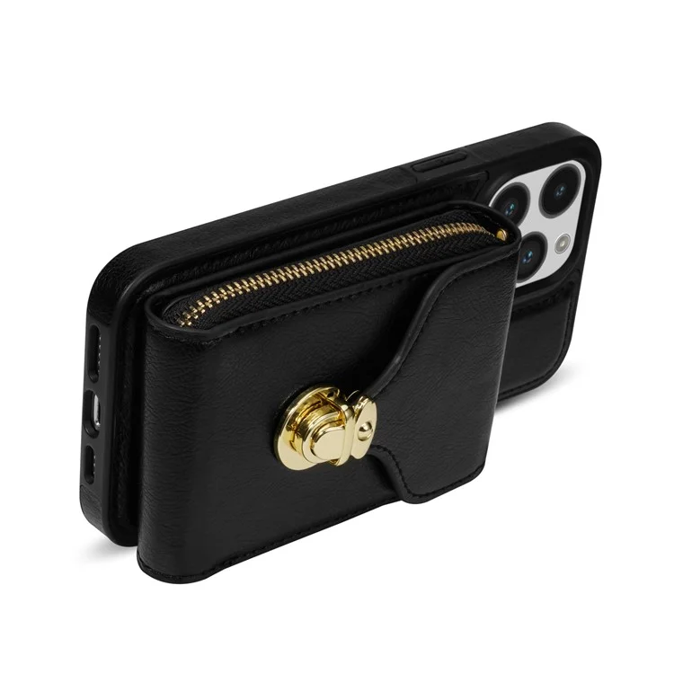 Per iPhone 15 Pro Card Holder Zipper Pocket Case PU Leather + TPU Kickstand Phone Cover with Shoulder Strap - Nero