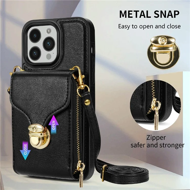 Per iPhone 15 Pro Card Holder Zipper Pocket Case PU Leather + TPU Kickstand Phone Cover with Shoulder Strap - Nero