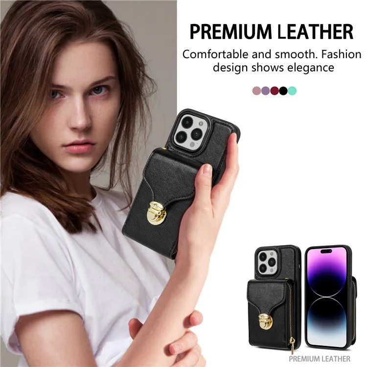 Per iPhone 15 Pro Card Holder Zipper Pocket Case PU Leather + TPU Kickstand Phone Cover with Shoulder Strap - Nero
