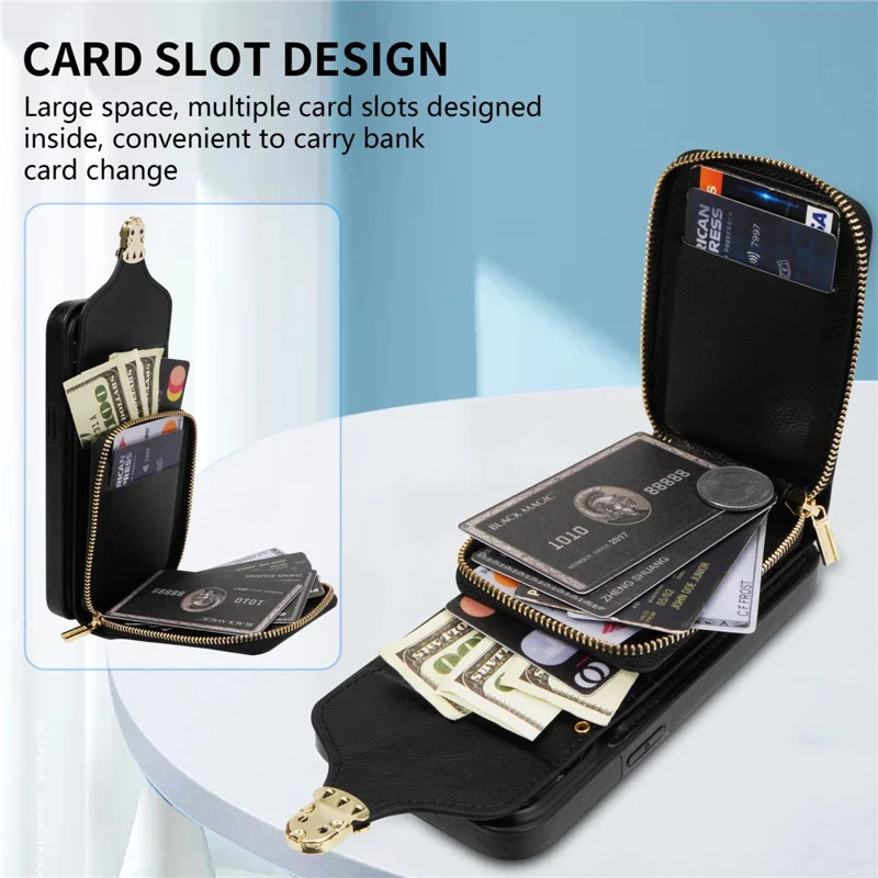 Para iPhone 15 Card Slot Phone Case PU Leather Coated TPU Zipper Pocket Kickstand Cover with Shoulder Strap - Black