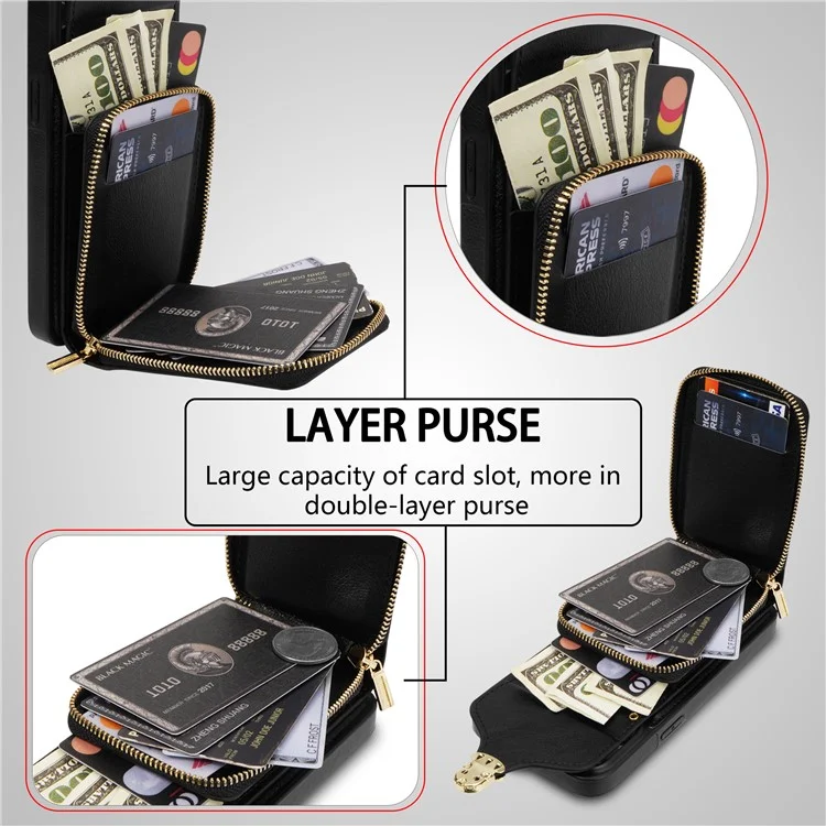 Für iPhone 15 Plus PU-Leder beschichtetes TPU-Kartensteckfach-Cover mit Reißverschlusstasche und Ständer - Schwarz