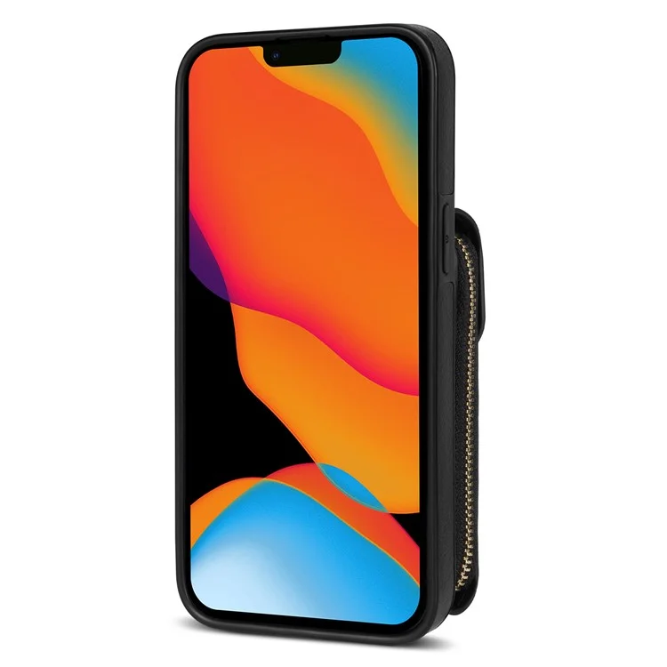 Für iPhone 15 Plus PU-Leder beschichtetes TPU-Kartensteckfach-Cover mit Reißverschlusstasche und Ständer - Schwarz