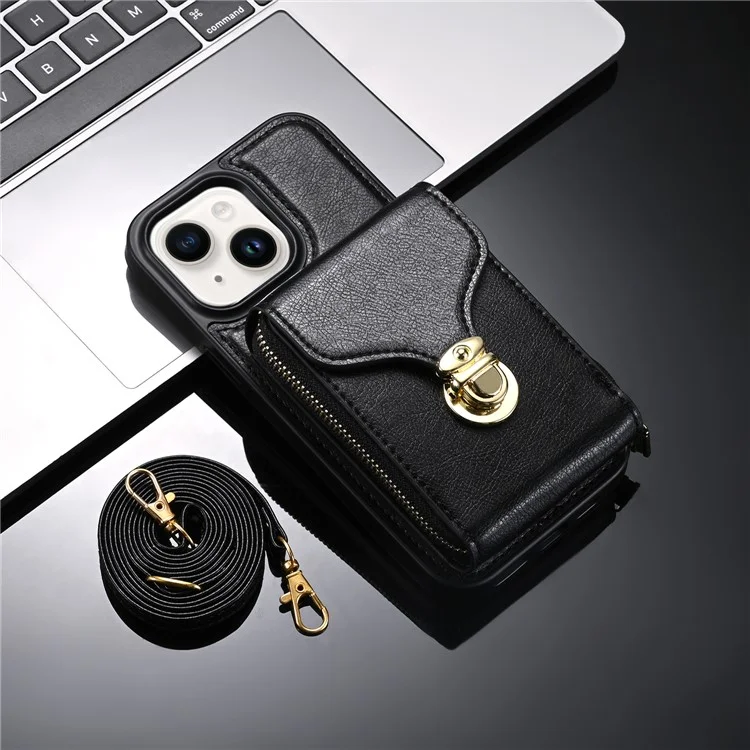 Für iPhone 15 Plus PU-Leder beschichtetes TPU-Kartensteckfach-Cover mit Reißverschlusstasche und Ständer - Schwarz