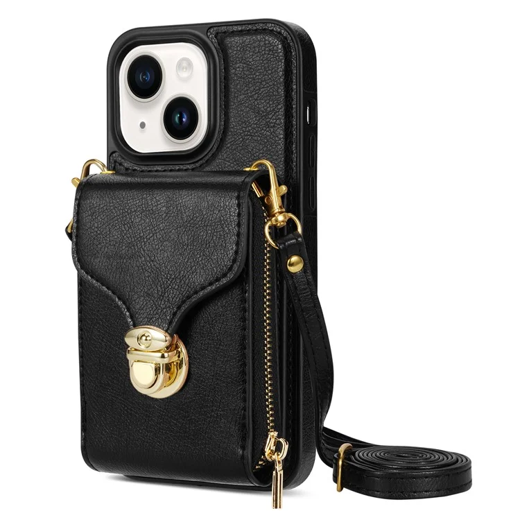 Für iPhone 15 Plus PU-Leder beschichtetes TPU-Kartensteckfach-Cover mit Reißverschlusstasche und Ständer - Schwarz
