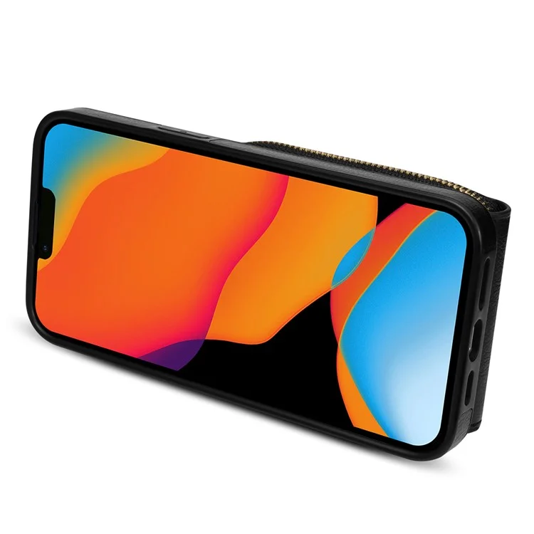 Für iPhone 15 Plus PU-Leder beschichtetes TPU-Kartensteckfach-Cover mit Reißverschlusstasche und Ständer - Schwarz