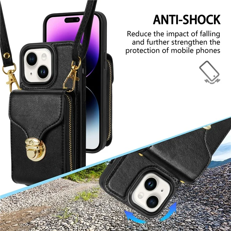 Für iPhone 15 Plus PU-Leder beschichtetes TPU-Kartensteckfach-Cover mit Reißverschlusstasche und Ständer - Schwarz