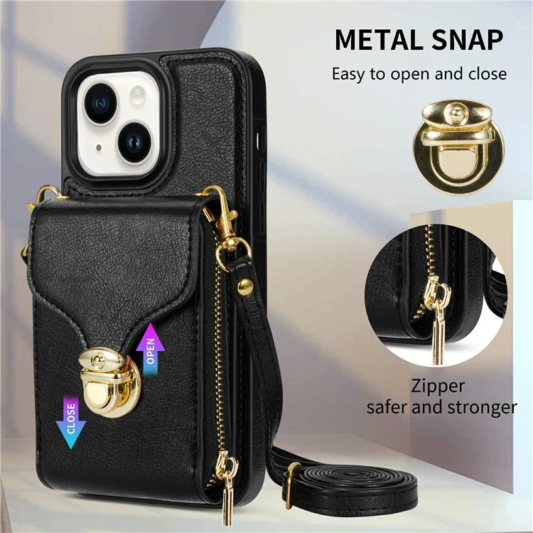 Für iPhone 15 Plus PU-Leder beschichtetes TPU-Kartensteckfach-Cover mit Reißverschlusstasche und Ständer - Schwarz
