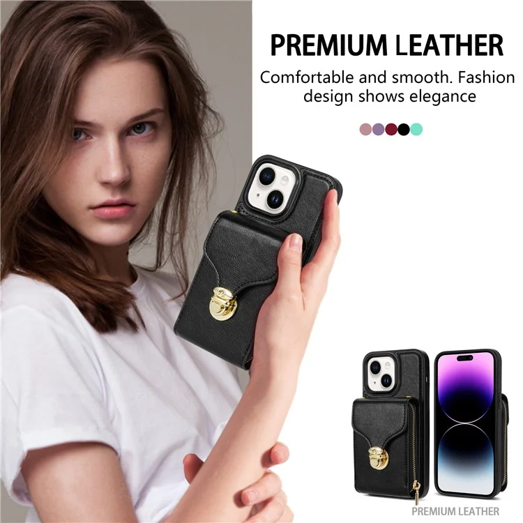 Für iPhone 15 Plus PU-Leder beschichtetes TPU-Kartensteckfach-Cover mit Reißverschlusstasche und Ständer - Schwarz