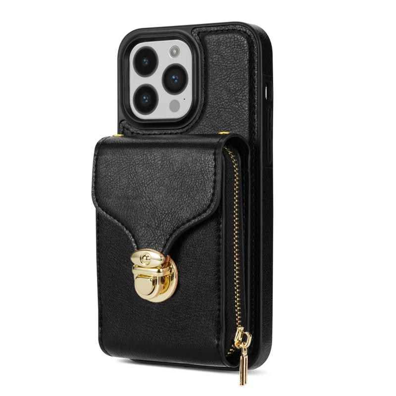 For iPhone 15 Pro Max Zipper Pocket Card Holder Case Kickstand PU Leather + TPU Phone Cover with Shoulder Strap - Black