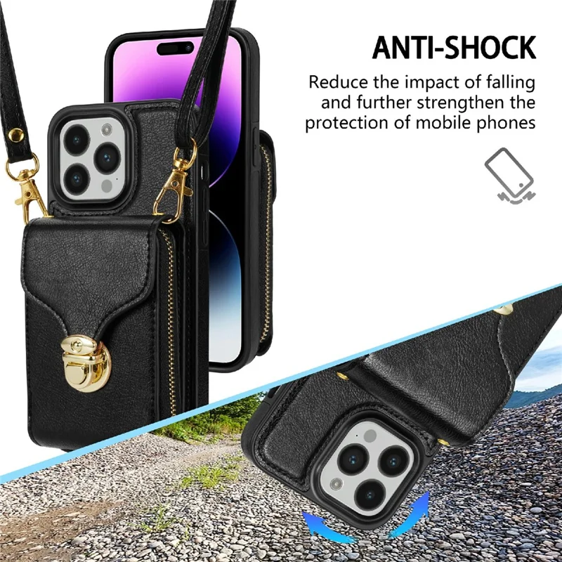 For iPhone 15 Pro Max Zipper Pocket Card Holder Case Kickstand PU Leather + TPU Phone Cover with Shoulder Strap - Black