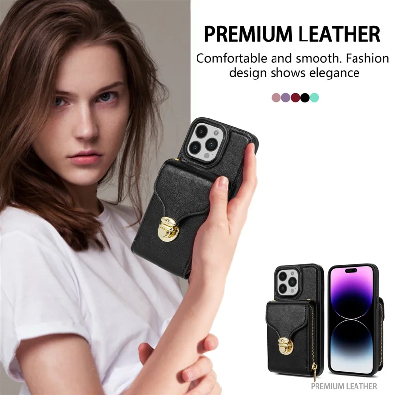 For iPhone 15 Pro Max Zipper Pocket Card Holder Case Kickstand PU Leather + TPU Phone Cover with Shoulder Strap - Black