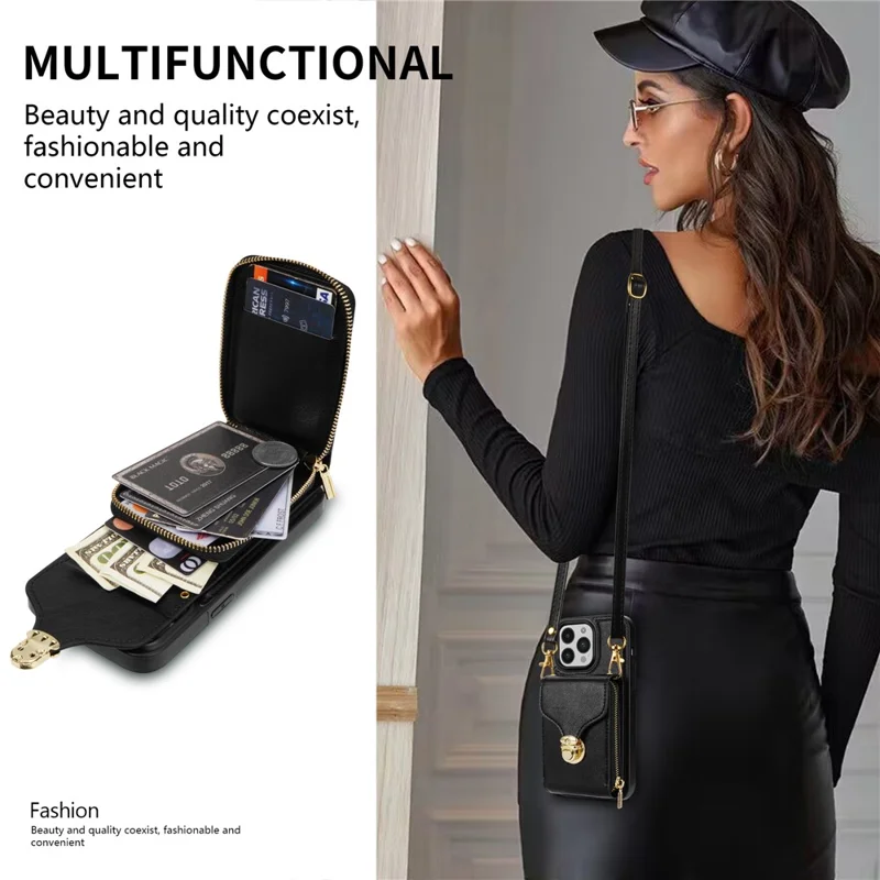 For iPhone 15 Pro Max Zipper Pocket Card Holder Case Kickstand PU Leather + TPU Phone Cover with Shoulder Strap - Black