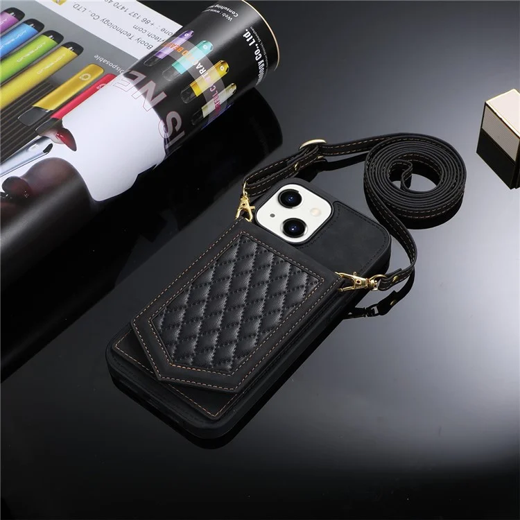 For iPhone 15 RFID Blocking Card Holder Phone Case Mirror Kickstand Imprinted PU Leather Coated TPU Cover with Shoulder Strap - Black